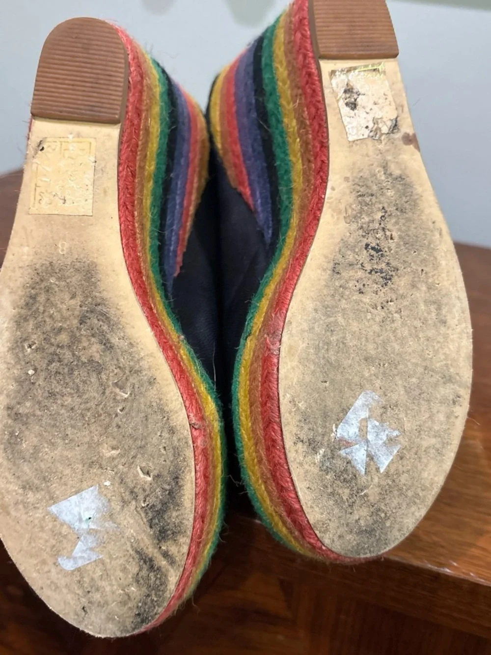 Black Wedge Espadrille Mules with Multicolor Woven Jute Platform Sz 8
